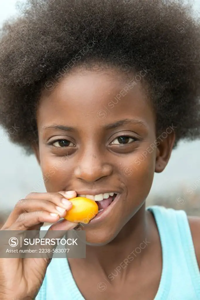 Yellow mombin (Spondias mombin) fruit held by Fedwin (Haitian girl) 11 yrs. Rodney's Rock Beach, Jimmit, Dominica 12-17-12