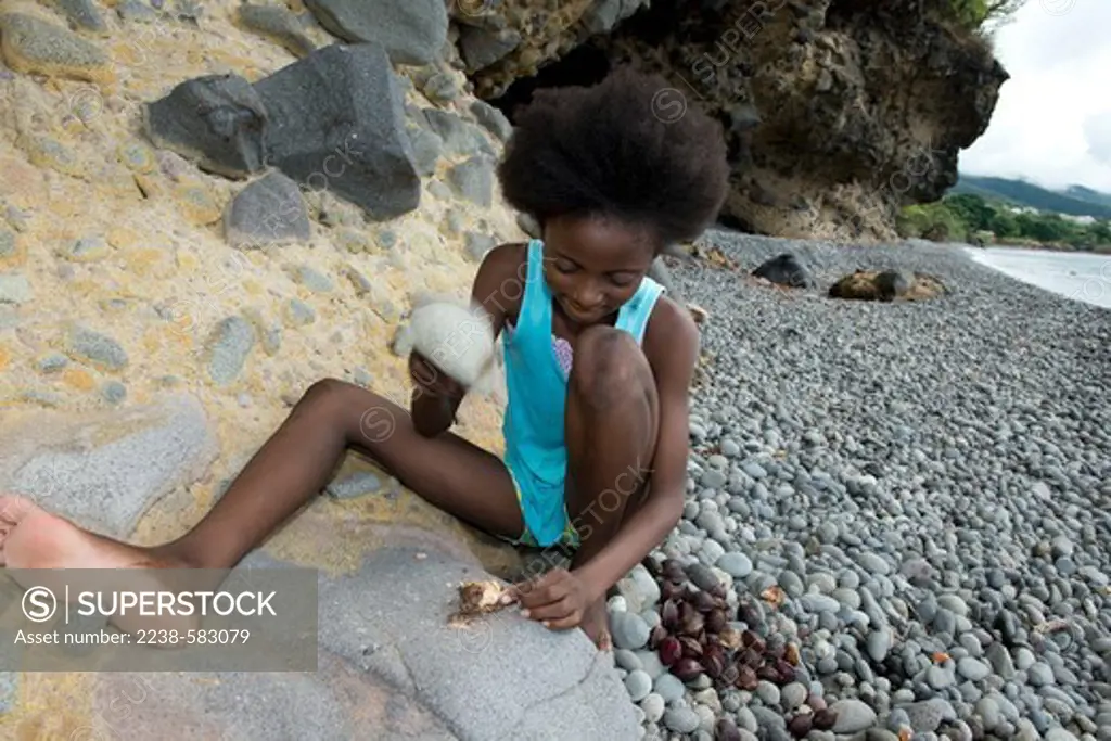 Fedwin (Haitian girl) 11 yrs breaking open the endocarps of tropical almond (Terminalia catappa) to eat the nuts on the shore of the Caribbean Sea. Rodney's Rock Beach, Jimmit, Dominica 12-17-12