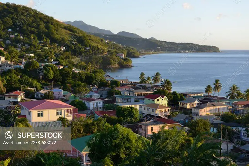 Caribbean sea with homes on hillsides. Mahaut, near Jimmit, Dominica 12-18-12