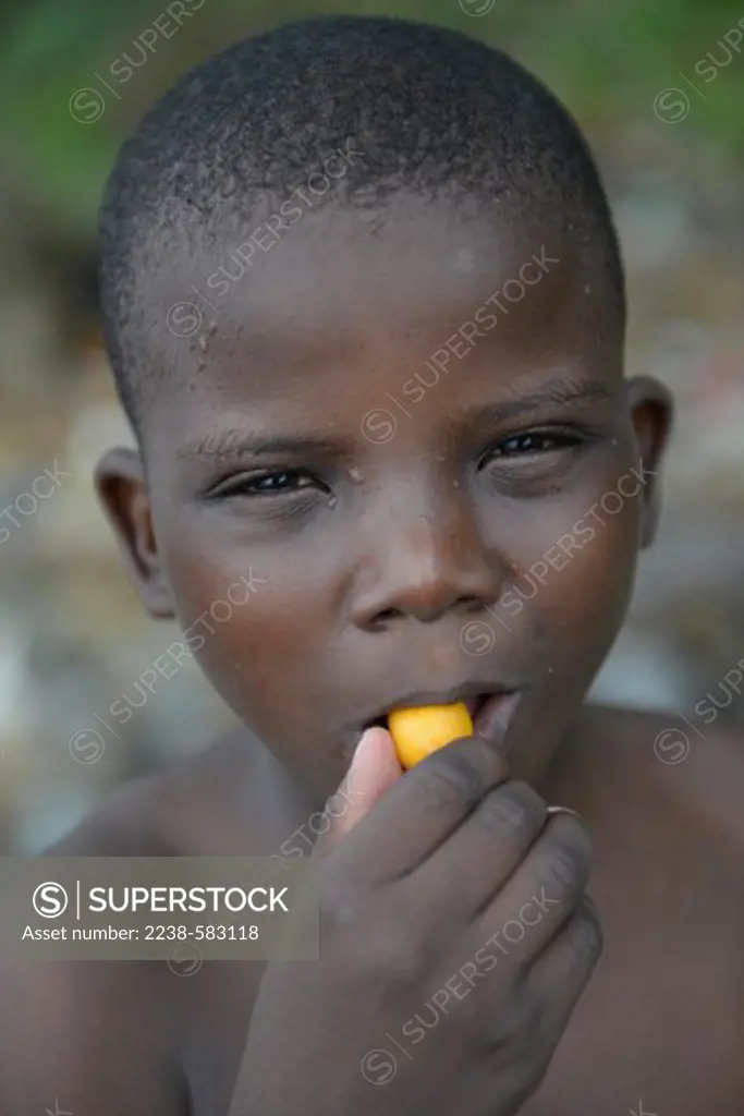 Jamesley Chery, 8 yrs, Haitian boy eating a plum (Spondias mombin) fruit. Rodney's Rock Beach, Jimmit, Dominica 12-25-12