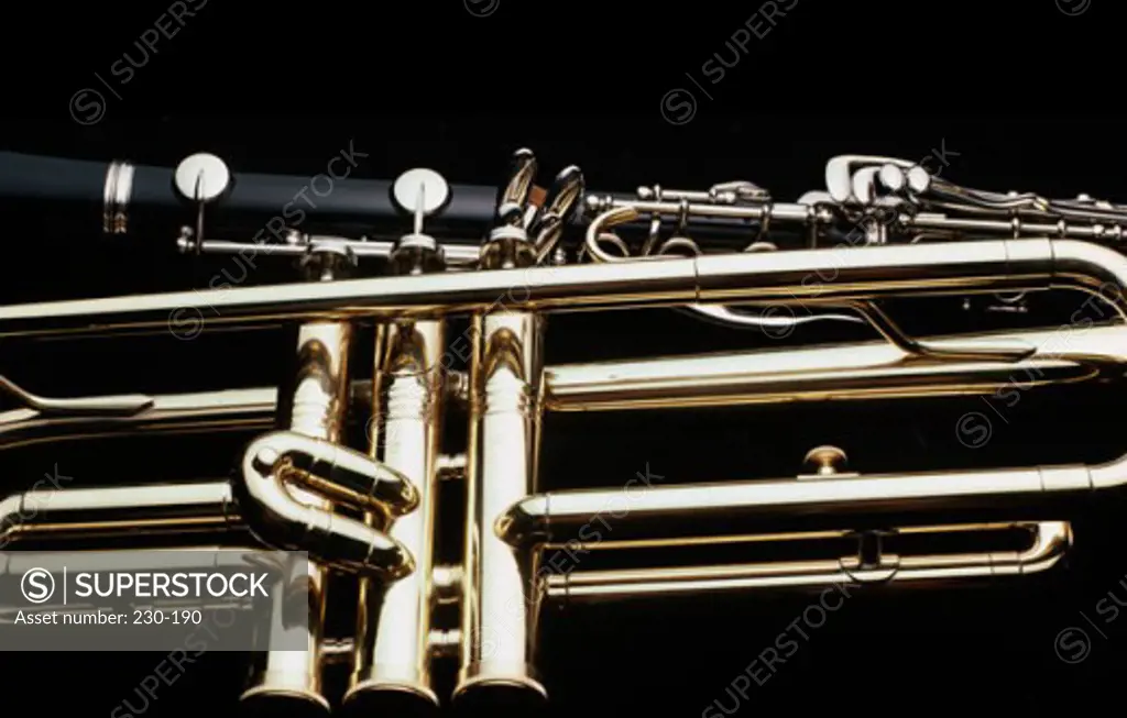 Close-up of a clarinet and a trumpet