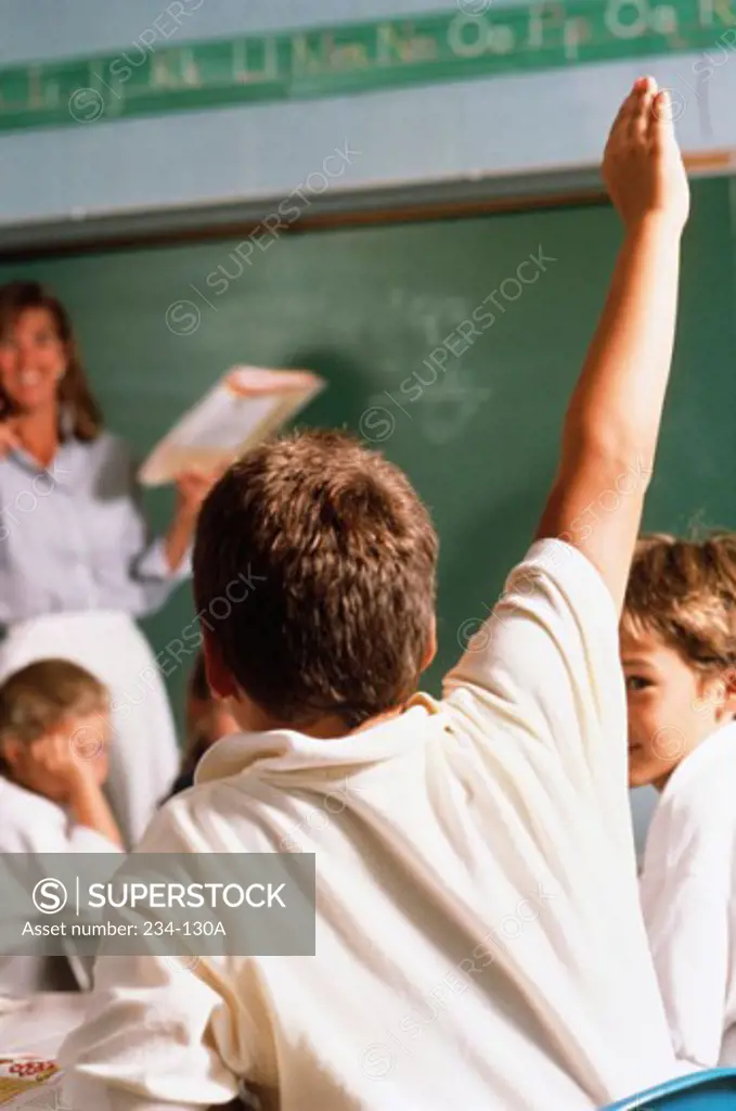 Rear view of a schoolboy with his hand raised in a classroom