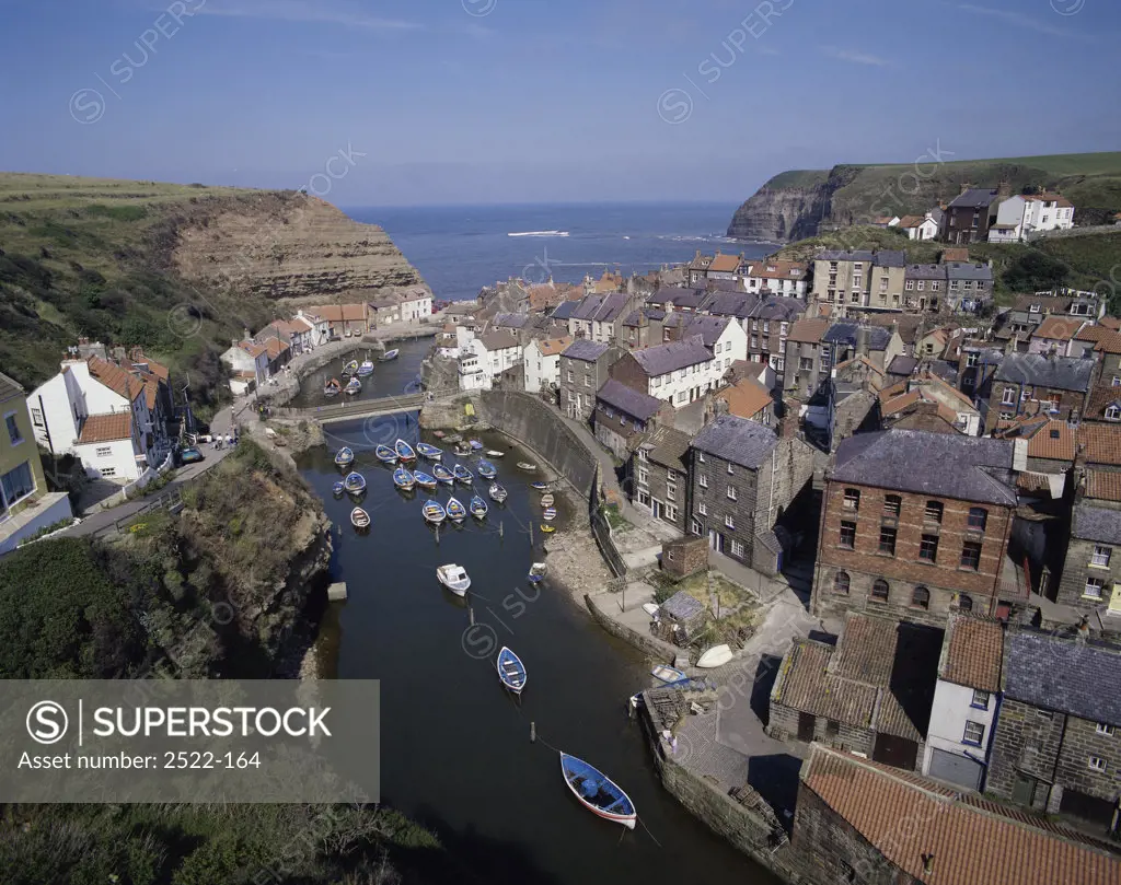High angle view of boats in a river, Staithes, Whitby, England