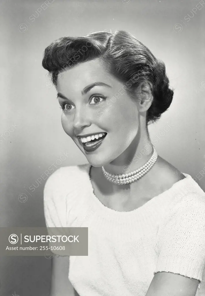 Vintage photograph. Portrait of woman on white background.