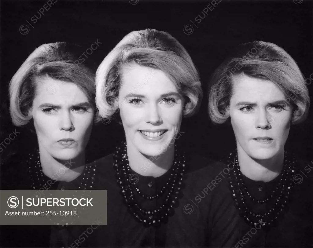 Multiple images of a young woman with various facial expressions