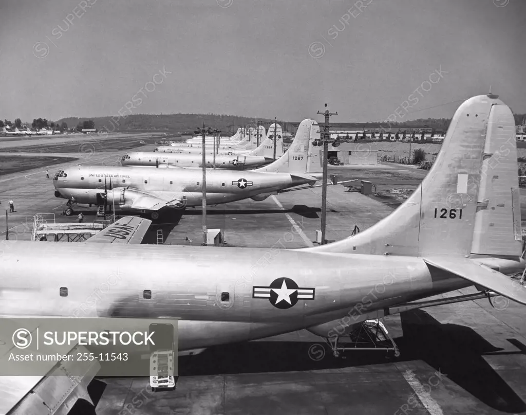High angle view of military airplanes at a military base, Boeing KC-97 Stratofreighter