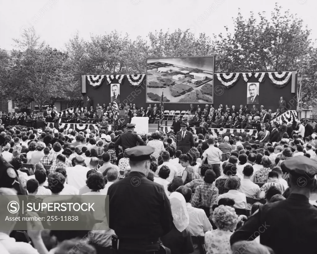 President Lyndon Baines Johnson speaking the dedication of the site of the John F. Kennedy Cultural Center,  New York, USA