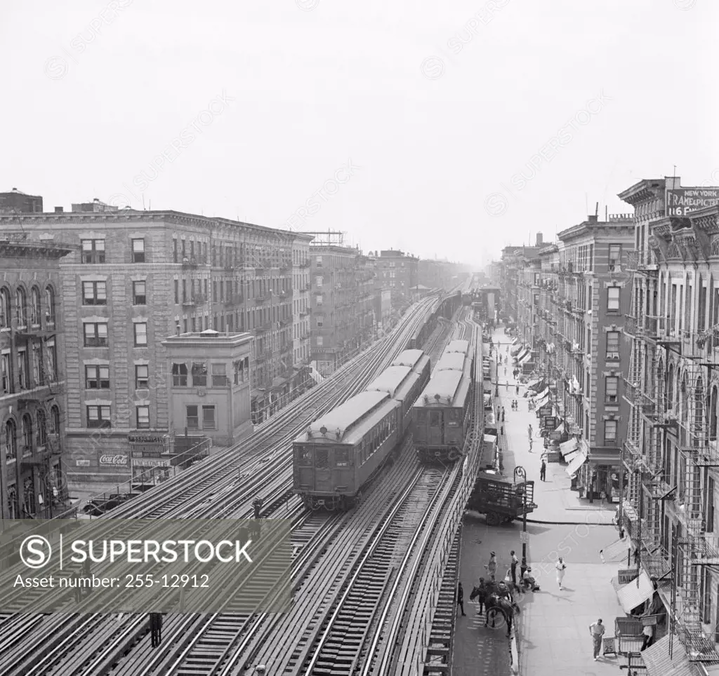 High angle view of trains at a railroad station, Harlem, Manhattan, New York City, New York, USA