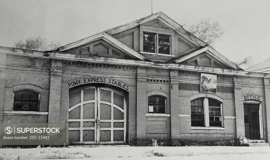 Vintage Photograph. Exterior of The Original Pony Express barns, from which the riders started in 1860 in St Joseph, Missouri