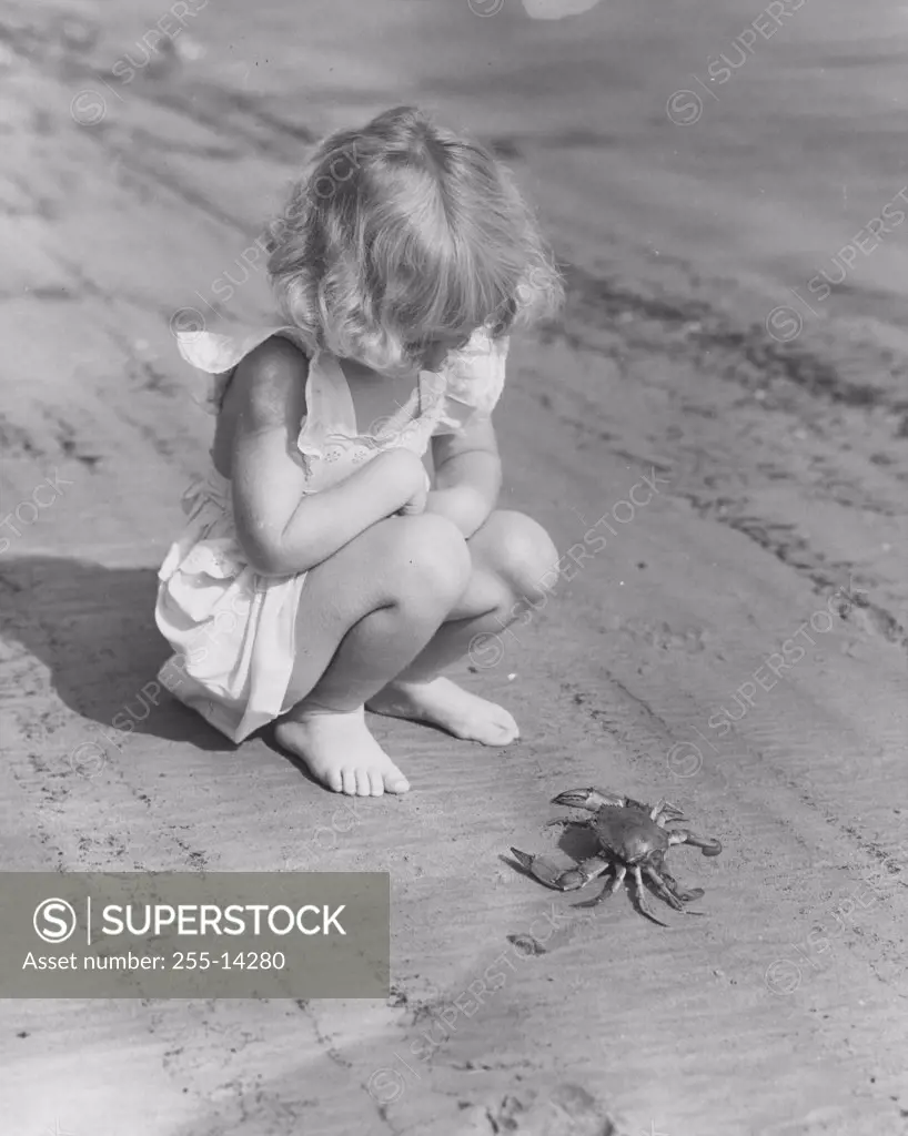 Girl watching a crab on the beach