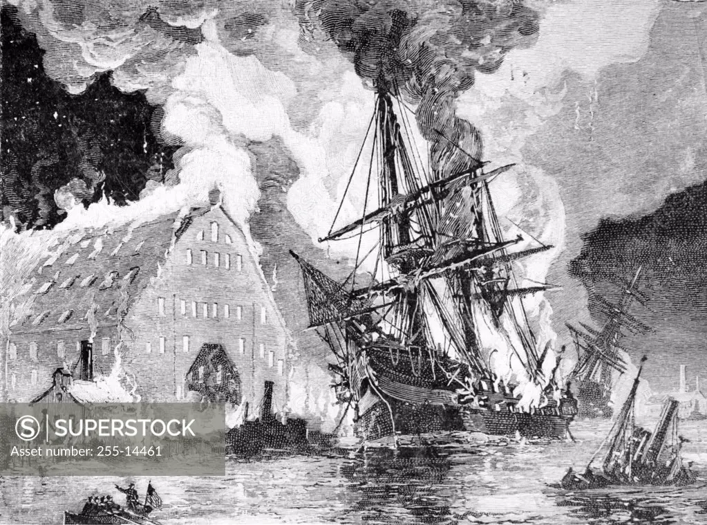 Burning of Frigate Merrimac and the Norfolk Navy Yard by Federals by unknown artist
