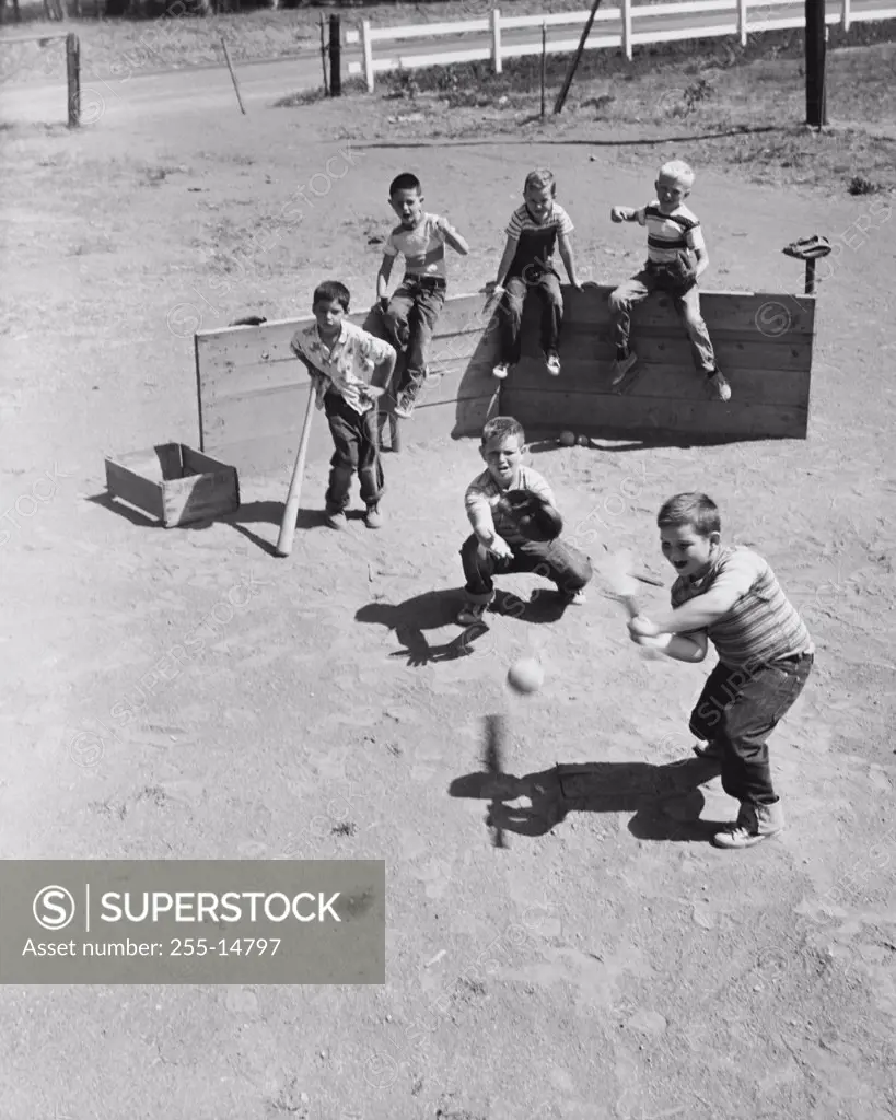 High angle view of a group of boys playing baseball