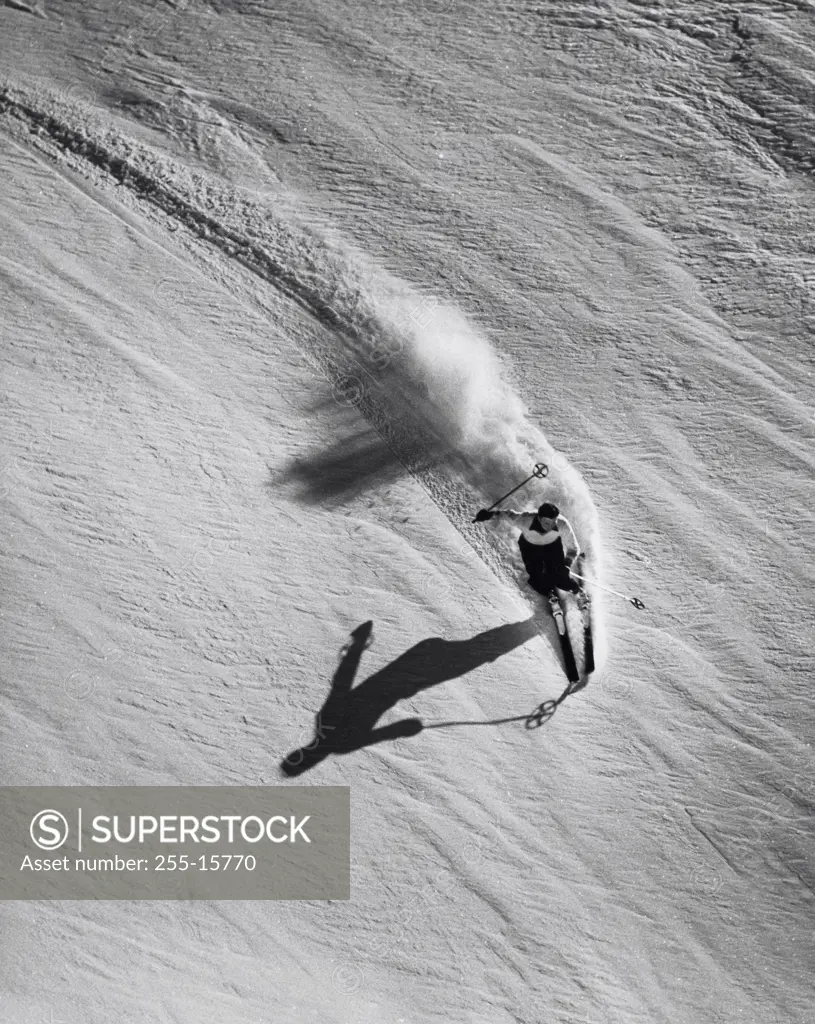 High angle view of a man skiing downhill