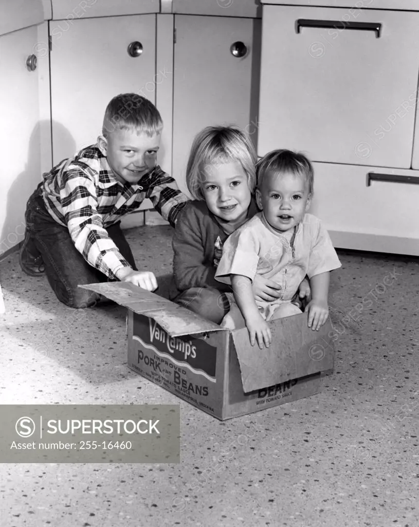 Children playing with cardboard box in kitchen