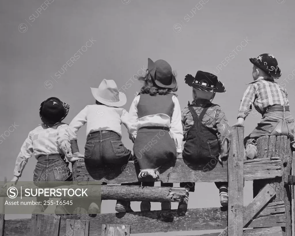Rear view of five children sitting on a wooden fence