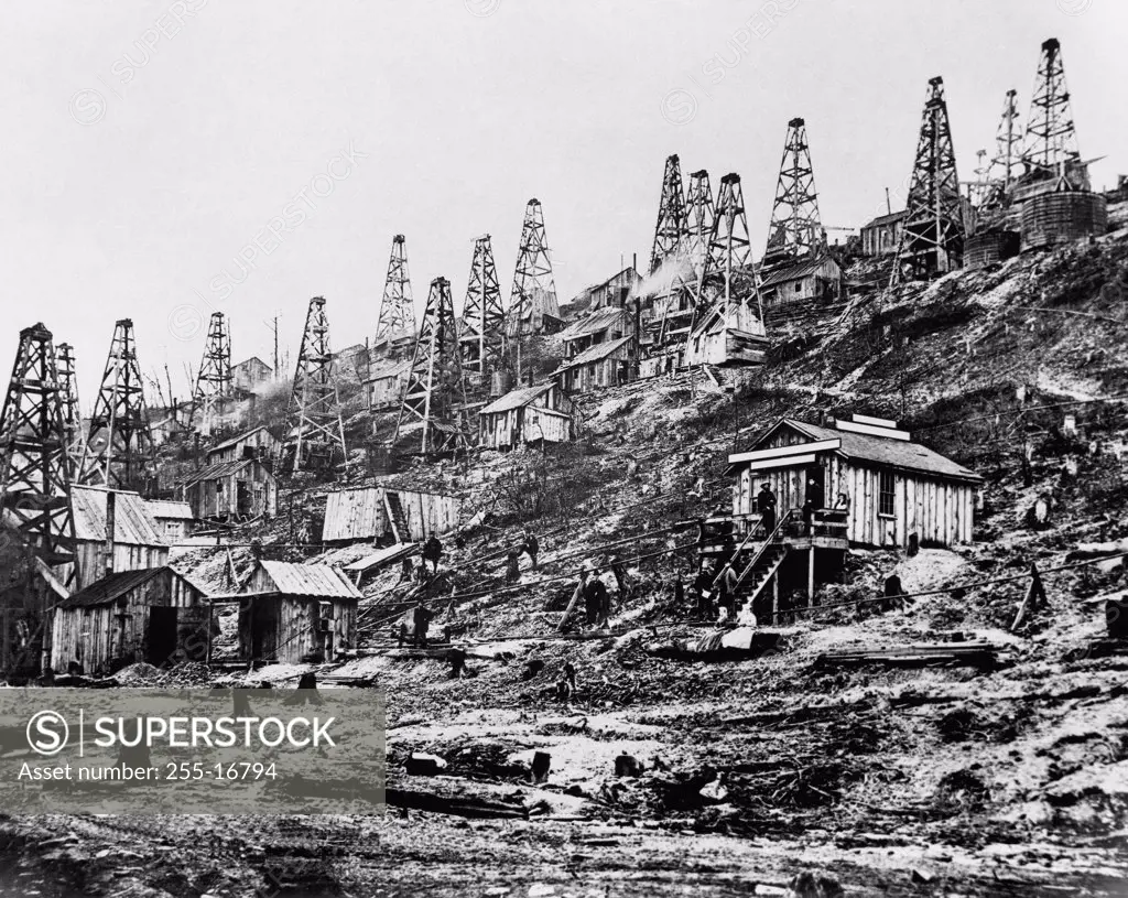 Oil rigs in an oilfield, Pioneer Run Creek, Titusville, Pennsylvania, USA, 1865