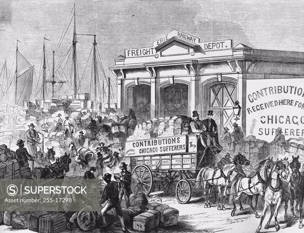 New York City - Scene at the Erie Ferry House Arrival of Contributions for the Chicago Sufferers American History