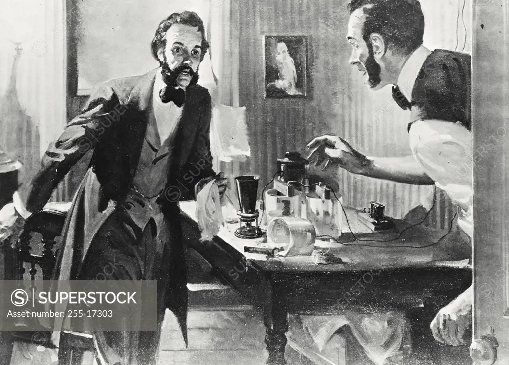 Vintage photograph. Painting illustrating Thomas Watson rushing into room with Alexander Graham Bell after hearing first sentence transmitted on telephone