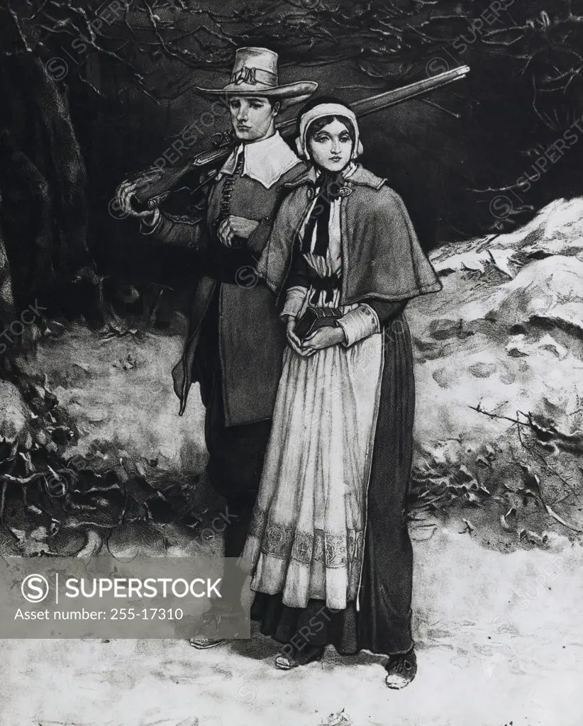 Portrait of Rose and Miles Standish,  illustration