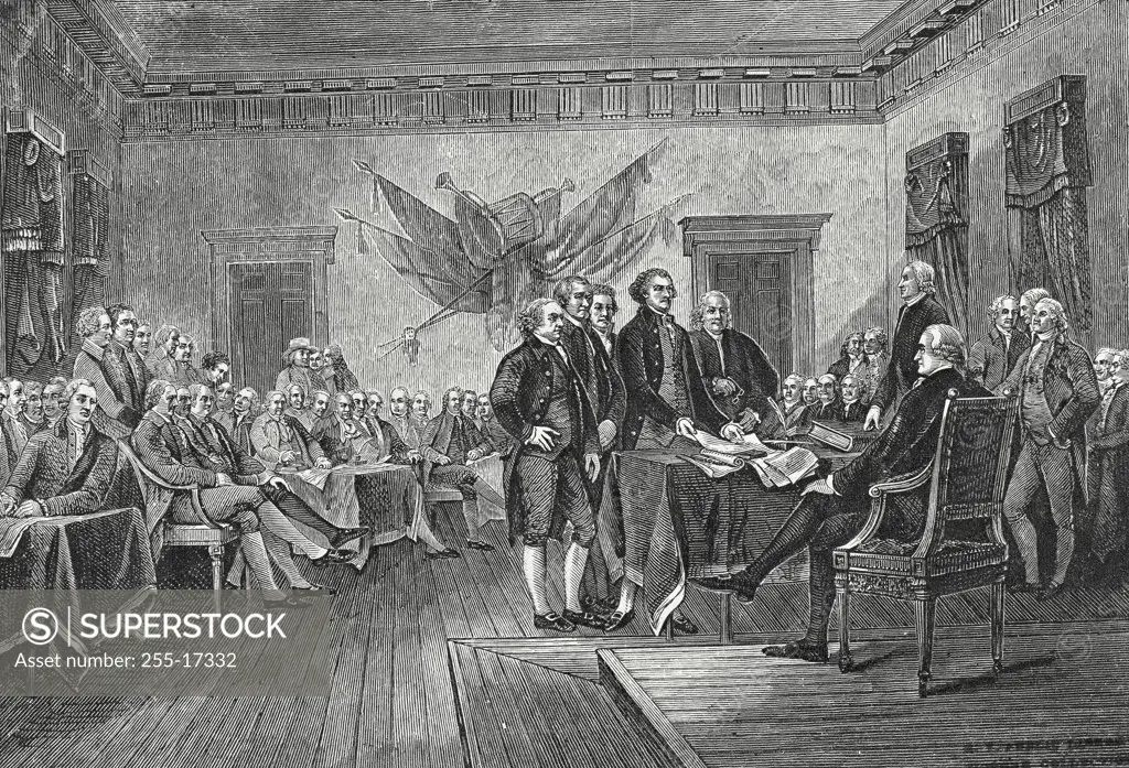 Vintage photograph. Engraving based off of John Trumbull's painting "Declaration of Independence"