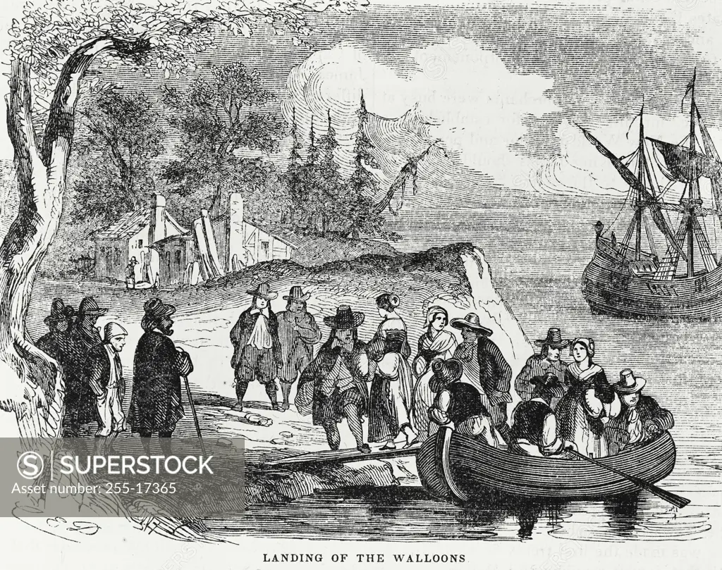 Vintage Photograph. Landing of the Walloons, Landing of Dutch in New York by Carl Emil Doepler, lithograph