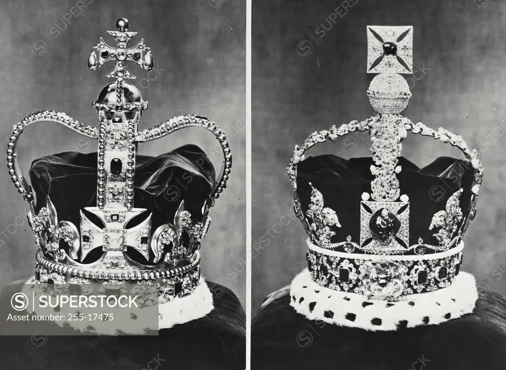 Vintage photograph. Crown Jewels of England Left: St Edward's Crown. Right: The Imperial State Crown