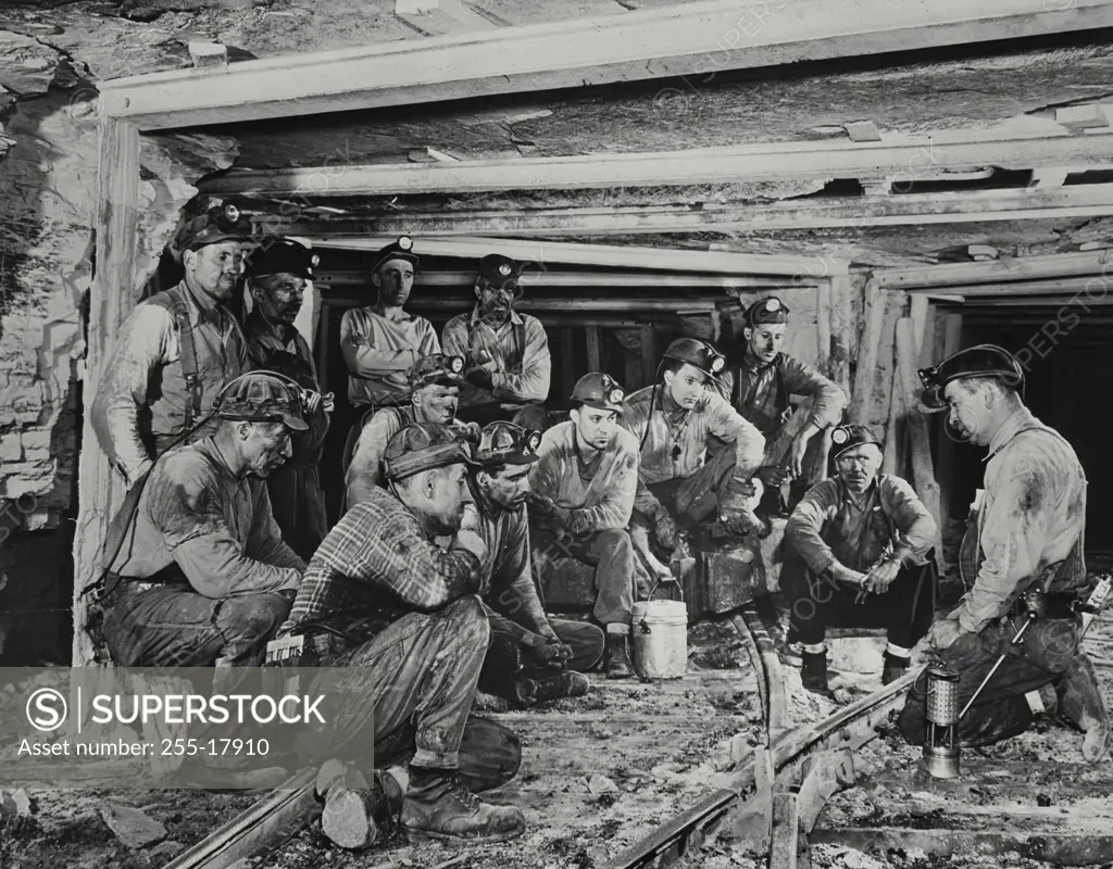 Vintage Photograph. Section safety meeting, at the Willow Grove mine of the Hanna Coal Co.
