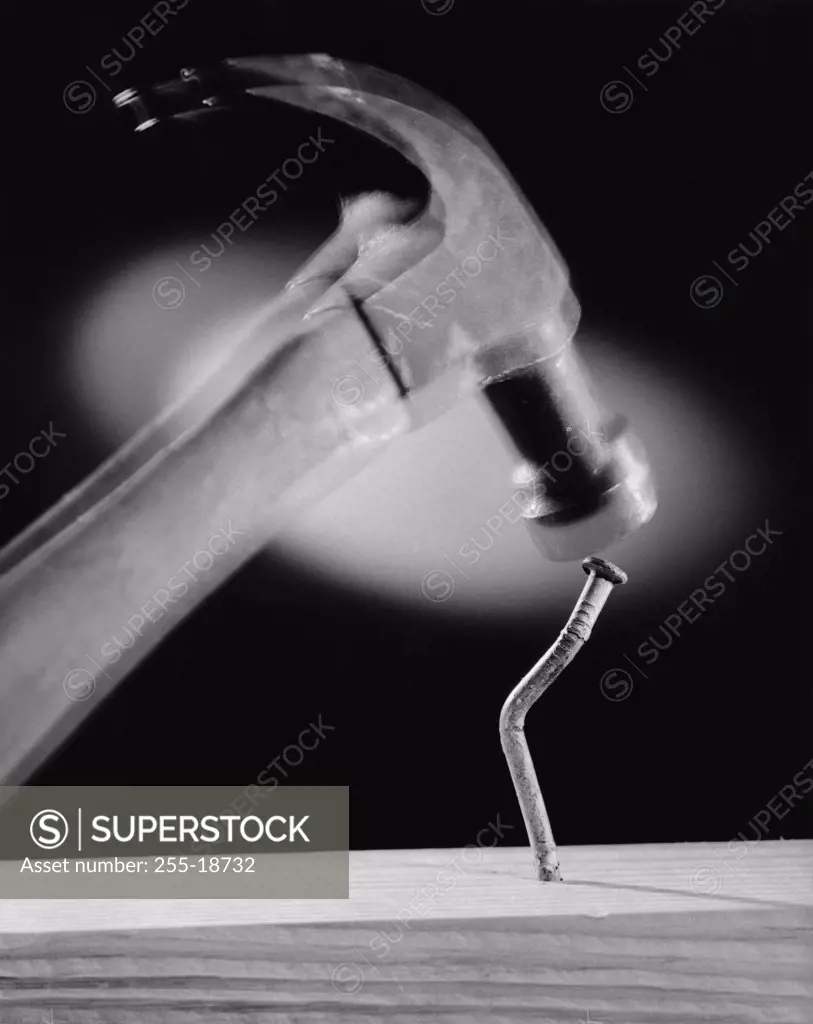 Close-up of a hammer hitting a bent nail