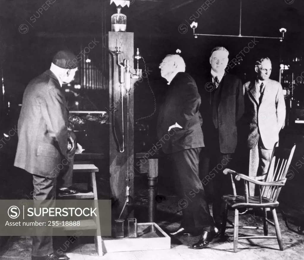 Thomas Edison, President Herbert Hoover, Henry Ford, Commemorating the 50th Anniversary of Electric Light, At Menlo Park Laboratory relocated to Greenfield Village, Dearborn, Michigan