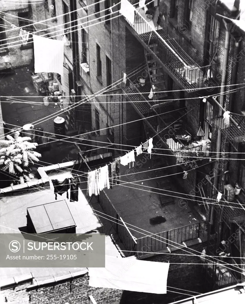High angle view of clothes hanging on clotheslines, New York City, New York State, USA