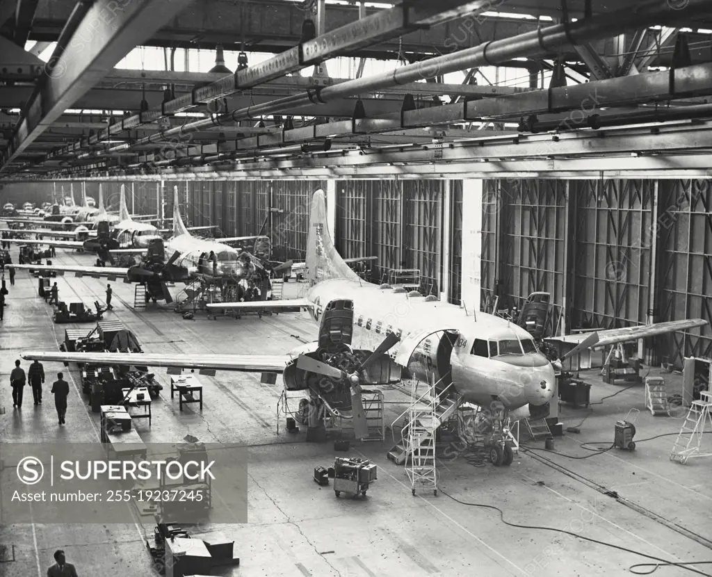 Vintage photograph. The T-29 navigator-bombardier trainer assembly line pictured at Convair's San Diego Division