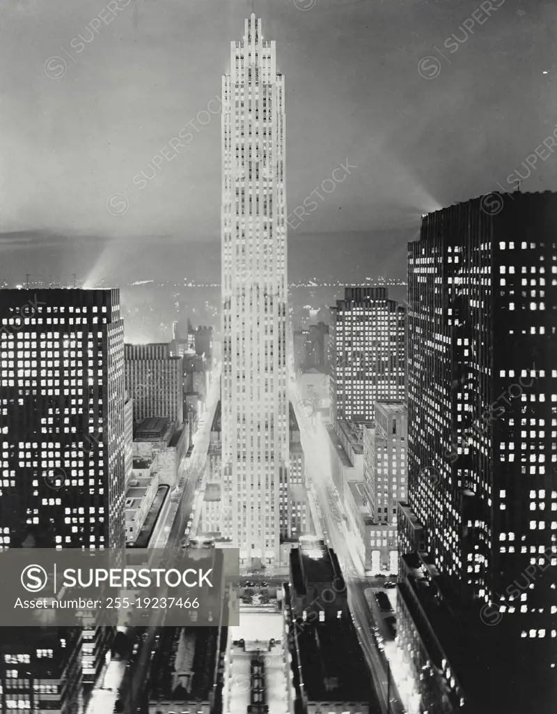 Vintage photograph. Night view of Radio City