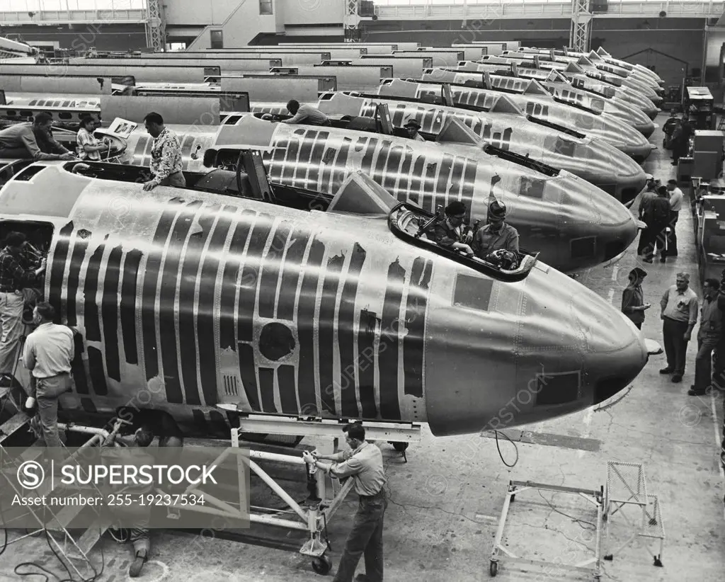 Vintage photograph. Assembly of forward sections of Boeing B-47 Stratojets at Wichita, Kansas