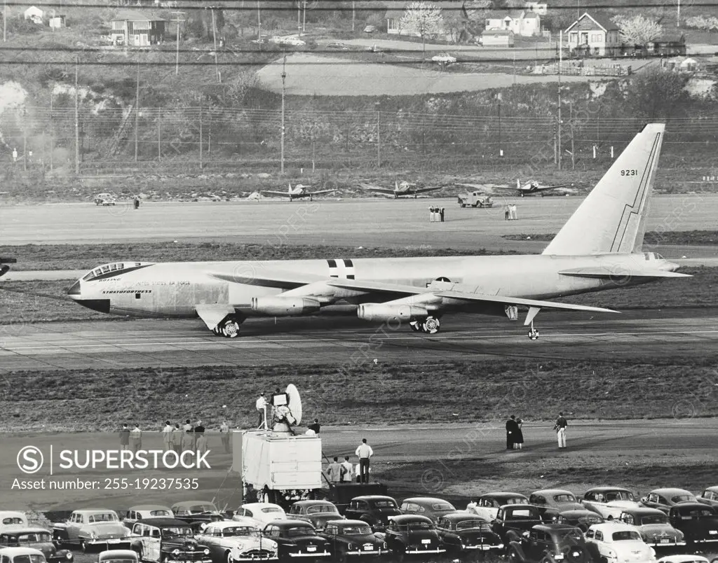 Vintage photograph. The Boeing YB-52 Stratofortress just after touching down at Boeing Field, Seattle, Washington