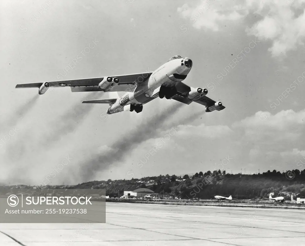 Vintage photograph. Boeing B-47 Stratojet takes off from Boeing Field, Seattle Washington