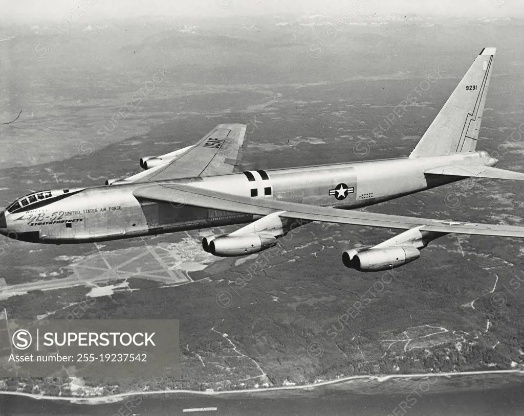 Vintage photograph. The Boeing YB-52 Stratofortress in flight, Wing span is 185 feet, length is 153 feet