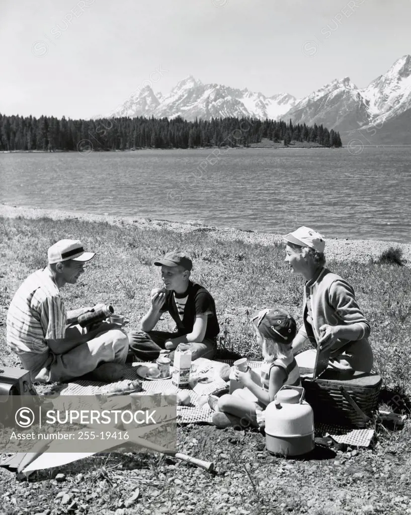 High angle view of a family having a picnic near a lake