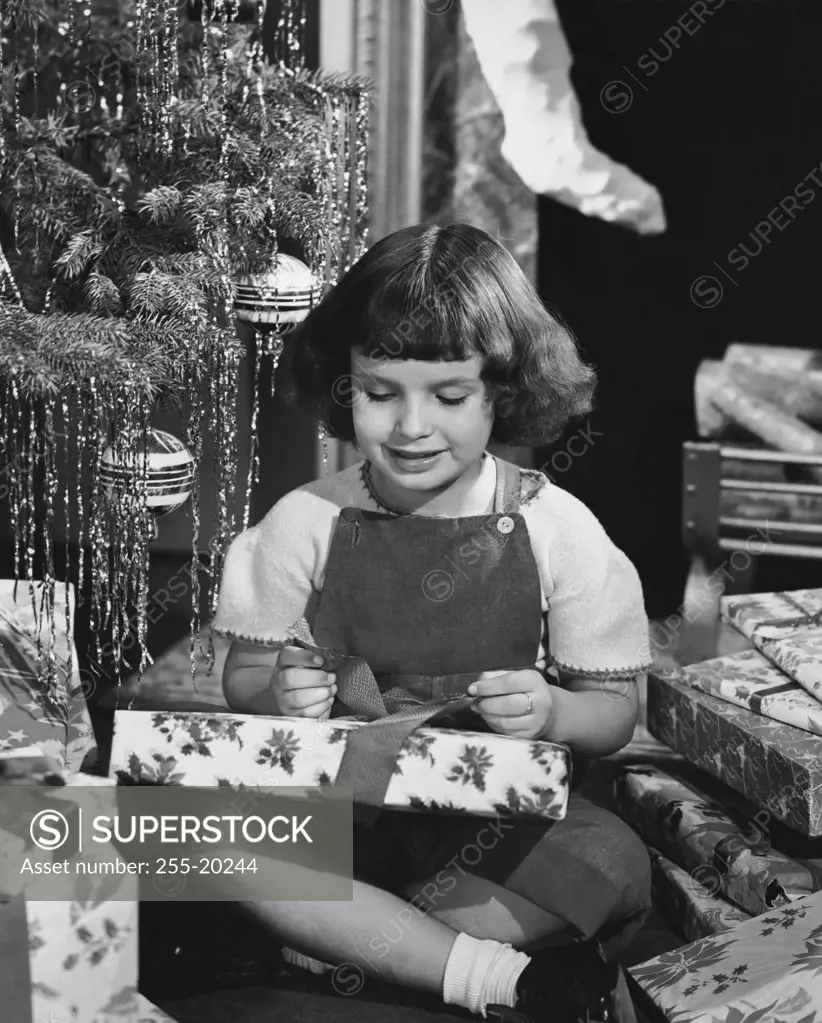 Vintage Photograph. Young girl opening Christmas gift next to tree