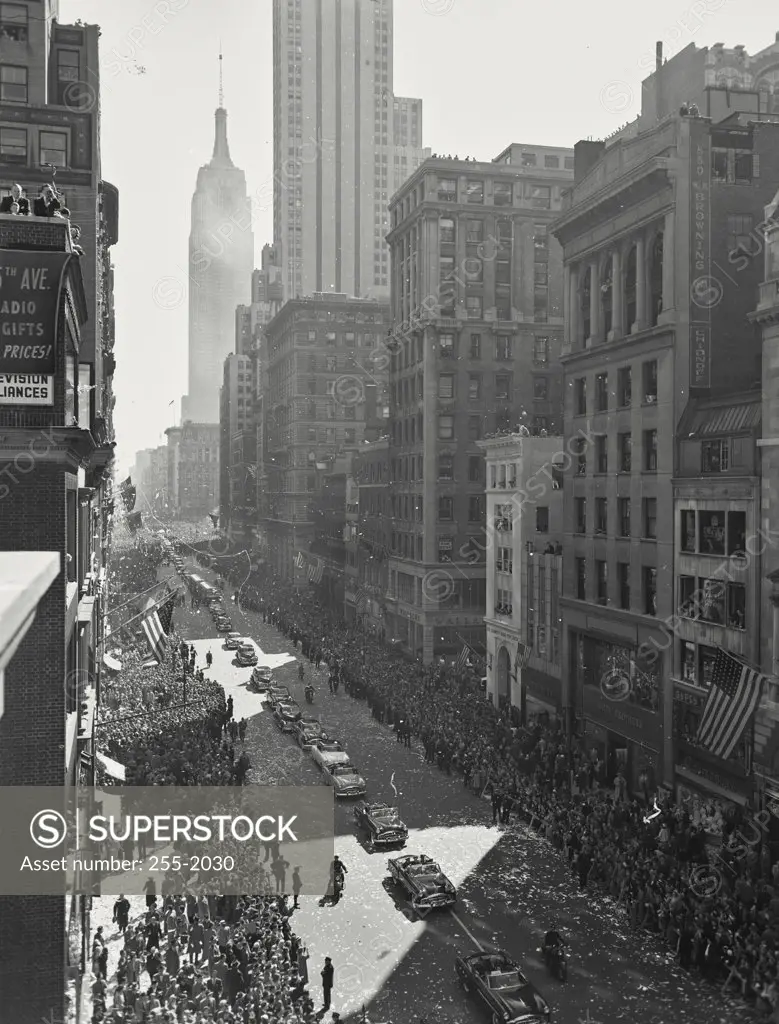Vintage photograph. High angle wide view of Famous New York City Ticker Tape Parade For General Douglas MacArthur In 1951