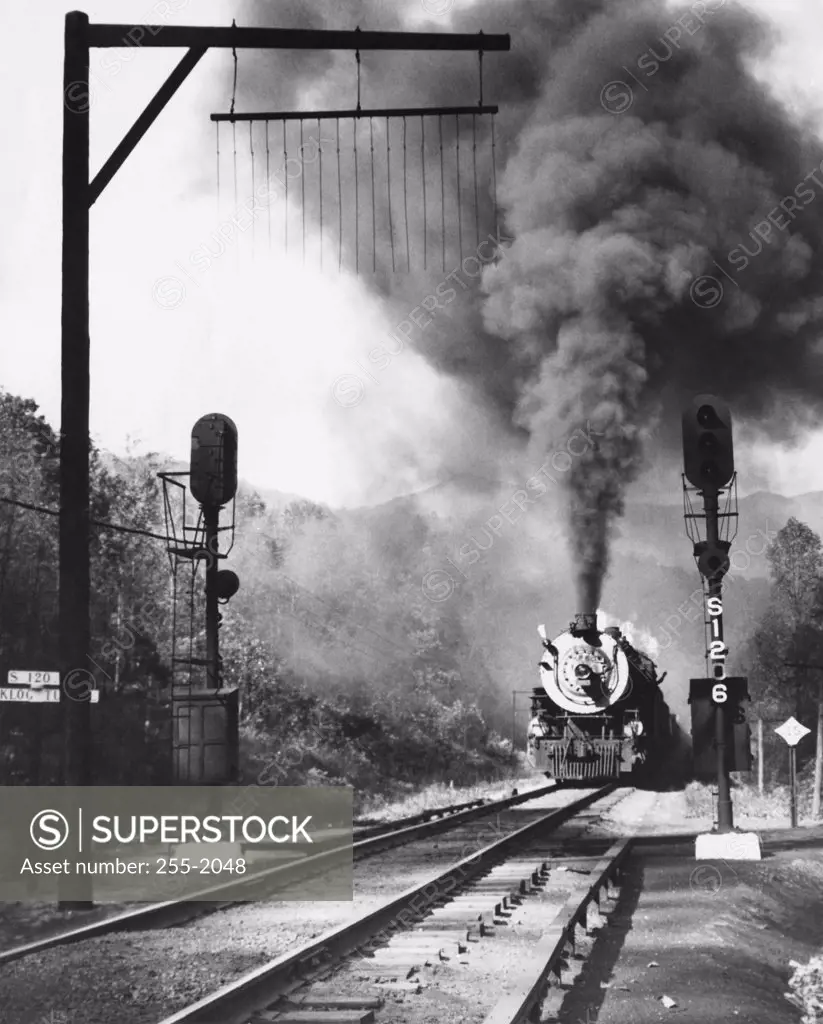 Train engine on railroad track, North Carolina, USA