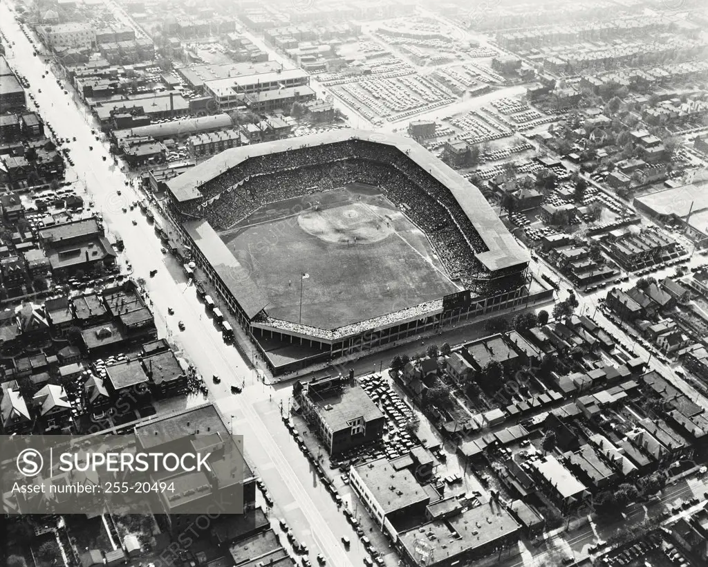 Vintage photograph. Aerial view of a baseball stadium, Sportsman's Ball Park, St. Louis, Missouri, USA