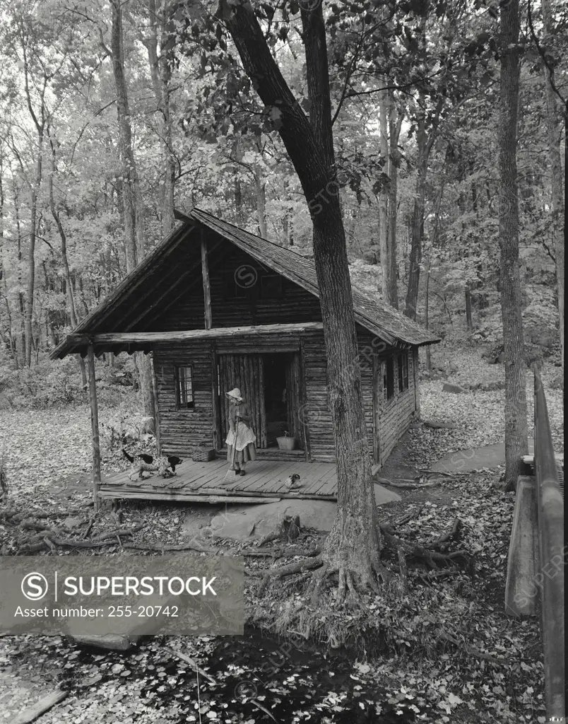 Vintage Photograph. Woman sweeping porch with dog at mountain cabin.