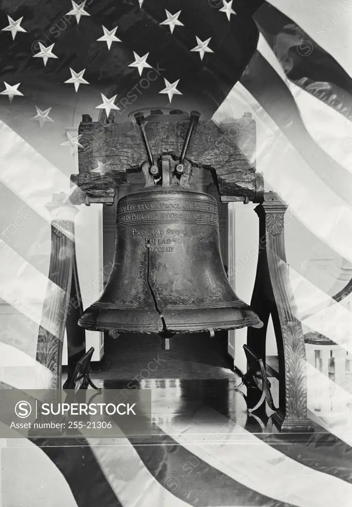 Vintage photograph. Photo illustration of Liberty Bell in front of closeup of American Flag