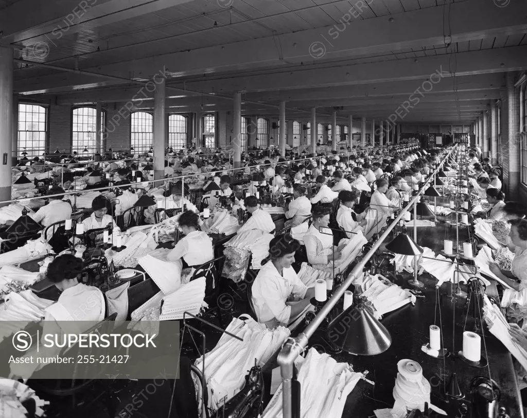 Group of female workers in a textile factory, 1900s