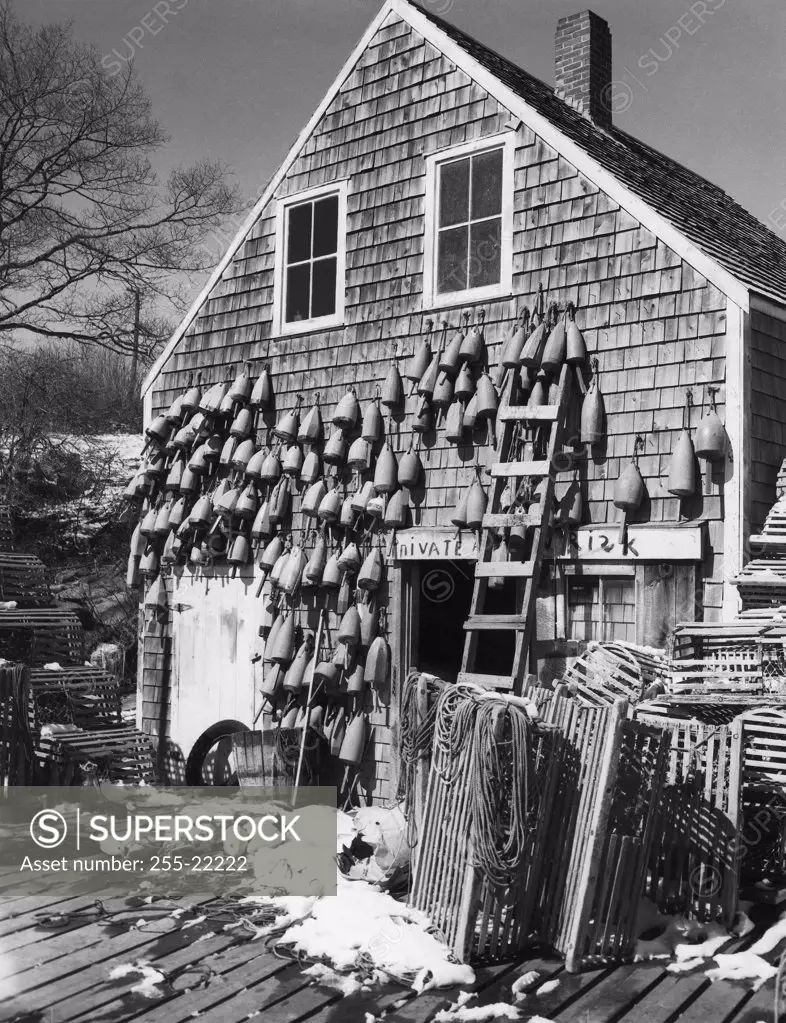 Buoys hanging from a building, New Harbor, Bristol, Maine, USA
