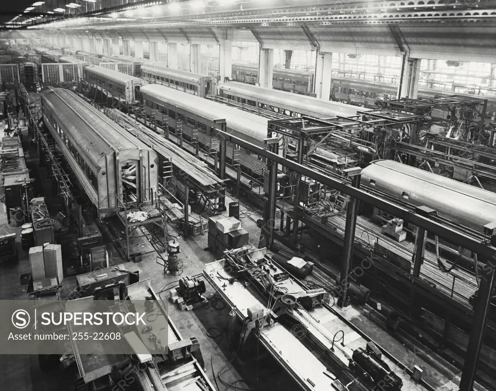 Vintage photograph. Assembly lines crowded with all stainless steel cars for many different railroads