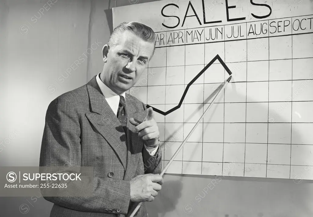 Vintage photograph. Businessman giving presentation in front of chart.