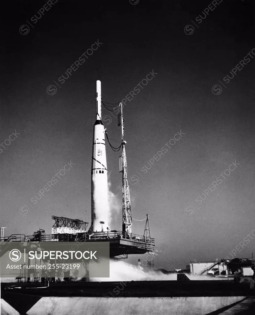 Low angle view of a rocket on a launch pad, Pioneer 0