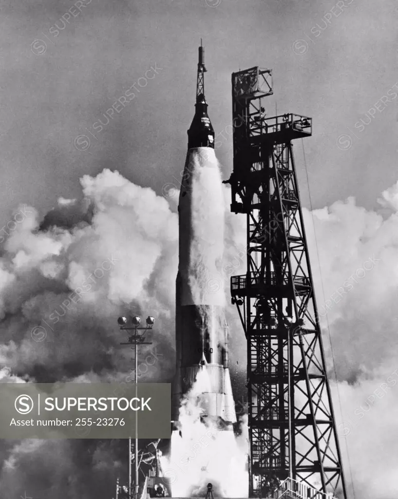 Low angle view of a spacecraft taking off from a launch pad, Mercury-Atlas 6, Cape Canaveral, Florida, USA, February 20, 1962