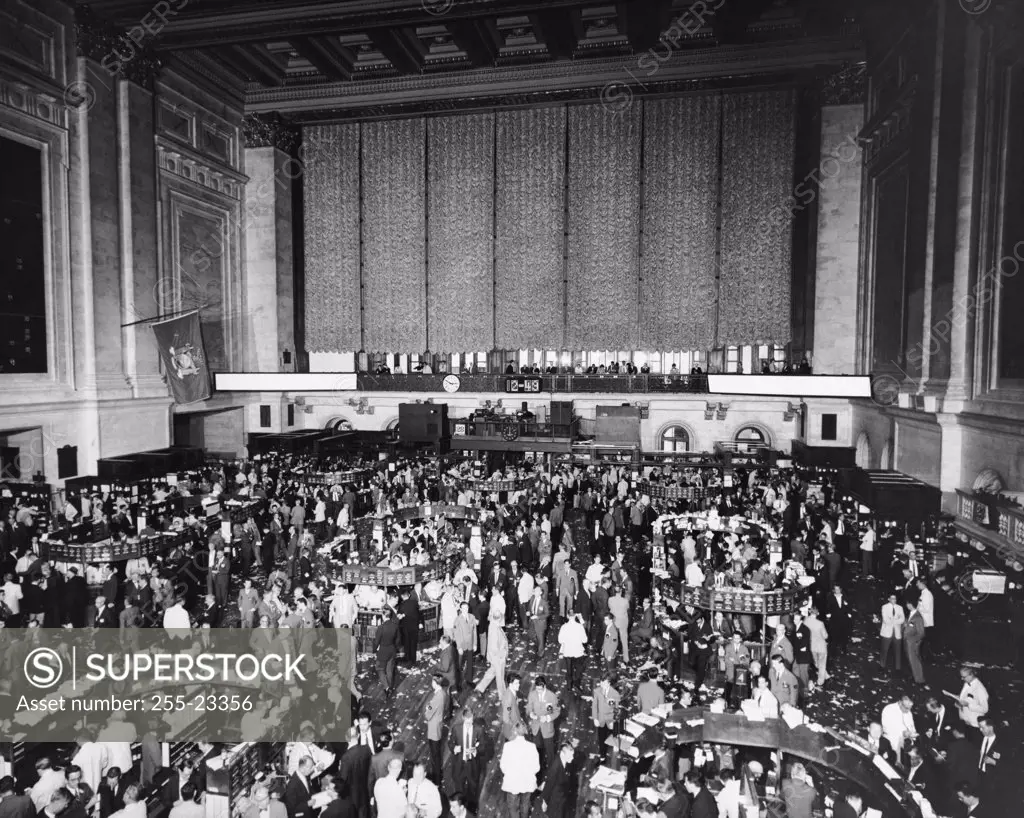 High angle view of crowd in a stock exchange, New York Stock Exchange, New York City, New York State, USA